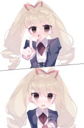 1girl absurdres adorable blonde_hair blush bow commentary_request drill_hair hair_bow highres lolicon long_hair looking_at_viewer luna_platz_(mega_man) masiroekaki mega_man_(series) mega_man_star_force_(series) open_mouth questionable simple_background speech_bubble translation_request tsundere twin_drills underage very_long_hair white_background