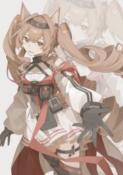  1girl angelina_(arknights) angelina_the_mellow_wish_(arknights) animal_ear_fluff animal_ears arknights black_collar black_gloves black_hairband black_thighhighs brown_eyes brown_hair chinese_commentary collar commentary_request cowboy_shot detached_sleeves dress earpiece fox_ears fox_girl gloves hair_between_eyes hairband hei_baijiu highres infection_monitor_(arknights) long_hair long_sleeves looking_at_viewer material_growth multicolored_hairband offering_hand oripathy_lesion_(arknights) pleated_dress smile solo thigh-highs twintails two-tone_hairband very_long_hair white_dress zoom_layer 