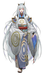  1boy :d ^_^ absurdres black_bridal_gauntlets black_nails black_sandals blue_sash bridal_gauntlets broken_horn closed_eyes commentary_request facing_viewer fangs full_body gold_horns gold_trim grey_hair hair_between_eyes highres horns japanese_clothes kariginu kst_gohan long_bangs long_hair male_focus marking_on_cheek nail_polish nijisanji obi open_mouth pointy_ears rope sandals sash shimenawa signature simple_background sleeves_past_wrists smile solo toenail_polish toenails umiyasha_no_kami variant_set very_long_hair virtual_youtuber white_background wide_sleeves 