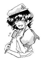  1girl anchor_symbol black_hair black_outline commentary_request greyscale hat index_finger_raised liver017 looking_at_viewer medium_hair monochrome murasa_minamitsu open_mouth outline sailor_hat shirt short_sleeves solo touhou upper_body white_background white_shirt 