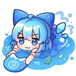  1girl :3 ahoge aqua_hair blue_bow blue_dress blue_eyes bow chibi chibi_only circled_9 cirno closed_mouth coa_(chroo_x) commentary_request detached_wings double-parted_bangs dress fish hair_between_eyes hair_bow highres kickboard puffy_short_sleeves puffy_sleeves shirt short_hair short_sleeves simple_background solo swimming touhou turtle v-shaped_eyebrows water white_background white_shirt wings 