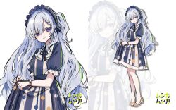  1girl alternate_costume black_ribbon blue_dress blue_hairband brown_shoes closed_mouth collared_dress commentary_request dress frilled_dress frilled_hairband frills full_body hair_over_one_eye hair_ribbon hairband highres lolita_hairband long_hair looking_at_viewer mahou_shoujo_no_majo_saiban musica_musica natsume_an-an neck_ribbon ribbon shoes simple_background upper_body violet_eyes white_background white_hair zoom_layer 