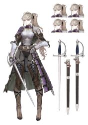  1girl absurdres armor belt belt_buckle black_leotard black_ribbon blonde_hair boots braid breastplate bright_pupils brown_belt brown_boots buckle capelet chainmail closed_mouth commentary commentary_request confused cropped_shoulders eyelashes full_body grey_pantyhose hair_ribbon hair_tie hand_on_own_hip highres holding holding_weapon jun_(navigavi) korean_commentary leotard long_hair making-of_available multiple_expressions multiple_views nose original pantyhose parted_lips pauldrons plackart ponytail puff_and_slash_sleeves puffy_sleeves purple_capelet rapier rapier_(navigavi) reference_sheet revision ribbon sad scabbard sheath sheathed shoulder_armor simple_background single_braided_sidelock single_pauldron smile standing surprised sword unsheathed vambraces very_long_hair weapon white_background white_pupils yellow_eyes 