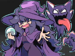  1girl @_@ bags_under_eyes black_background cape crystal_ball dress fang ghost hat haunter hex_maniac_(pokemon) hex_maniac_(pokemon_xy) long_dress melfunnysmell messy_hair pokemon pokemon_(creature) pokemon_x_and_y purple_cape purple_hair tongue tongue_out violet_eyes witch_hat 