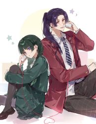  1boy 1girl black_necktie black_pants black_pantyhose blue_eyes braid brown_shoes collared_shirt commentary curtained_hair freckles green_hair green_neckerchief green_serafuku green_shirt green_skirt height_difference highres jacket jinshi_(kusuriya_no_hitorigoto) kusuriya_no_hitorigoto lapels long_hair long_sleeves maomao_(kusuriya_no_hitorigoto) miniskirt neckerchief necktie notched_lapels open_clothes open_jacket open_mouth pants pantyhose parted_bangs pink_eyes pleated_skirt ponytail purple_hair red_jacket school_uniform serafuku shirt shoes sitting skirt smile star_(symbol) string_phone striped_clothes striped_necktie twin_braids two-tone_necktie untranslatable_commentary white_necktie white_shirt yuikisezu 