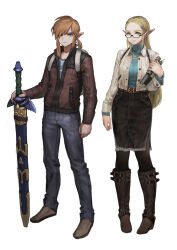  1boy 1girl absurdres alternate_costume alternate_universe arm_at_side backpack bag belt belt_buckle black-framed_eyewear black_boots black_eyeliner black_pantyhose black_skirt blonde_hair blue_eyes blue_shirt blue_sweater book boots braid breasts brown_belt brown_jacket buckle casual closed_mouth collared_jacket commentary_request contemporary crew_neck crown_braid denim denim_skirt earrings eyeliner full_body green_eyes grey_pants grey_shoes hair_ornament hair_over_one_eye hairclip highres holding holding_book holding_sword holding_weapon jacket jeans jewelry jun_(navigavi) knee_boots korean_commentary light_smile link lips long_hair long_sleeves looking_at_viewer looking_over_eyewear makeup master_sword medium_breasts medium_hair nose open_clothes open_jacket pants pantyhose partially_unzipped pointy_ears ponytail princess_zelda scabbard semi-rimless_eyewear sheath sheathed shirt shoes sidelocks simple_background skirt smile standing sweater sword the_legend_of_zelda triforce_necklace turtleneck turtleneck_sweater unbuttoned unbuttoned_sleeves weapon white_background white_bag white_jacket 