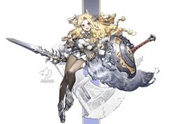  1girl adeptus_astartes animal_ears armor armored_shoes axe black_pantyhose blonde_hair breasts character_name chinese_commentary commentary_request fang full_body gauntlets genderswap genderswap_(mtf) holding holding_sword holding_weapon huge_breasts leman_russ pantyhose primarch shinnasuka025 shoulder_armor solo space_wolves sword tail torn_clothes torn_pantyhose violet_eyes warhammer_40k weapon wolf_ears wolf_girl wolf_tail 