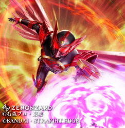  1boy armor armored_bodysuit black_bodysuit black_gloves bodysuit commentary_request copyright_notice core_medal gloves helmet kamen_rider kamen_rider_ooo kamen_rider_ooo_(series) kamen_rider_ooo_(tajador_combo) makacoon male_focus o_medal o_scanner official_art ooo_driver red_armor red_eyes red_wings rider_belt solo taja_spinner tokusatsu wings zenonzard 
