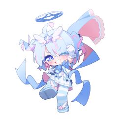  1girl :d ;d absurdres adapted_costume ahoge alternate_halo arm_up arona_(blue_archive) blue_archive blue_boots blue_bow blue_eyes blue_hair blue_halo blue_jacket blue_pantyhose blush boots bow chibi chibi_only chokkon commentary_request cosplay cropped_jacket grin hair_ornament hair_over_one_eye hairband halo highres jacket korean_commentary leg_up looking_at_viewer multicolored_hair one_eye_closed pantyhose pink_hair reisa_(blue_archive) reisa_(blue_archive)_(cosplay) reisa_(magical)_(blue_archive) shirt short_hair simple_background skirt smile solo standing standing_on_one_leg star_(symbol) star_hair_ornament striped_clothes striped_pantyhose two-tone_hair two_side_up white_background white_hairband white_shirt white_skirt wing_hair_ornament winged_shoes yume_kawaii 