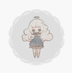  1girl ankle_socks black_bow black_bowtie black_eyes bow bowtie closed_mouth collared_dress crying crying_with_eyes_open curly_hair dot_mouth dress frilled_dress frilled_dress_collar frilled_socks frills gradient_clothes gradient_dress grey_dress grey_halo halo highres holding holding_stuffed_toy lace_background long_hair naiguozi original puffy_short_sleeves puffy_sleeves shoes short_sleeves socks stuffed_animal stuffed_rabbit stuffed_toy tears very_long_hair white_background white_hair white_shoes white_socks 