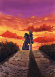  2girls blue_skirt blue_vest bow clouds dress dusk facing_away from_behind grass grey_hair hat holding holding_umbrella izayoi_sakuya looking_back maid_headdress medium_skirt miso_pan mob_cap multiple_girls no_shadow orange_sky outdoors path purple_sky red_bow remilia_scarlet scenery shadow skirt sky touhou umbrella vampire vest 