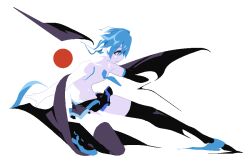  1girl abstract asymmetrical_sleeves black_boots black_skirt black_sleeves blue_hair blue_necktie boots closed_mouth detached_sleeves full_body hatsune_miku highres miniskirt necktie on_one_knee outstretched_leg sentakki shirt single_detached_sleeve skirt sleeveless sleeveless_shirt solo thigh_boots vocaloid white_background white_shirt 