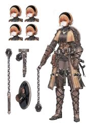  1girl absurdres angry arm_at_side armor armored_boots belt black_hairband black_skirt blonde_hair boots breasts brown_belt brown_gloves buckle capelet chain chain_necklace closed_mouth commentary_request corset crystal_necklace expressionless eyelashes flail flail_(navigavi) full_body gambeson gloves grey_pantyhose grey_shirt hairband highres holding holding_weapon jewelry jun_(navigavi) korean_commentary leather leather_armor leather_gloves long_legs looking_to_the_side medium_breasts miniskirt multiple_belts multiple_expressions multiple_views necklace nose original pale_skin pantyhose parted_lips partially_shaded_face pencil_skirt pouch red_eyes reference_sheet revision round_shield sad scared shield shield_on_back shirt short_hair simple_background skirt standing thigh-highs thigh_boots underbust weapon white_background yellow_capelet yellow_corset 
