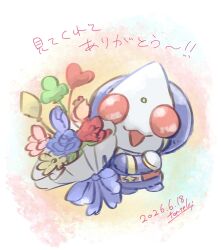  1boy animification artist_name blue_flower bouquet chibi club_(shape) commentary_request compound_eyes dated diamond_(shape) english_commentary flower heart highres holding holding_bouquet kamen_rider kamen_rider_blade kamen_rider_blade_(series) male_focus mixed-language_commentary open_mouth red_flower rider_belt smile solo tonteki555 translation_request 