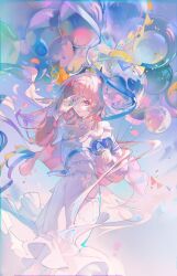  1girl absurdres balloon bare_shoulders blue_ribbon commentary_request covering_one_eye dress feet_out_of_frame floating_hair fre_(haochilanzuo) genshin_impact hairband highres holding holding_balloon jacket jewelry long_dress long_hair long_sleeves looking_at_viewer necklace off-shoulder_dress off_shoulder official_alternate_costume open_mouth outdoors pink_hair pink_jacket ribbon sangonomiya_kokomi sky solo standing very_long_hair white_dress white_hairband 