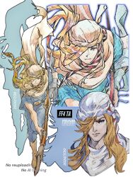  1boy 2024 blonde_hair blue_eyes blue_pants blue_shirt ceodore_harvey closed_mouth copyright_name dated dene_tri fighting_stance final_fantasy final_fantasy_iv final_fantasy_iv:_the_after_years full_body hair_over_one_eye headscarf highres holding holding_polearm holding_weapon long_hair pants polearm portrait scarf shirt solo upper_body weapon white_background white_headscarf white_scarf 