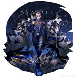  1boy absurdres alternate_costume arknights arm_at_side artist_name bare_shoulders belt belt_pouch black_belt black_gloves black_halo black_wings blonde_hair blue_eyes bodysuit border bowgun chinese_commentary clenched_hand clothing_cutout commentary_request crabwzzzz crossed_bangs detached_wings diving_mask diving_suit executor_(arknights) flippers floating_gun full_body gloves goggles goggles_on_head gun hair_between_eyes halo hand_up highres irregular_border looking_at_viewer male_focus male_swimwear outside_border parted_lips pouch sample_watermark short_hair shotgun shoulder_cutout snorkel solo standing straight-on tentacles thigh_pouch toned toned_male watermark waves weapon weibo_watermark wetsuit white_border wings 