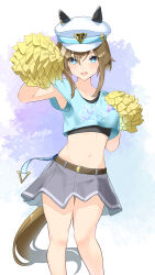  1girl absurdres animal_ears aqua_shirt armpits belt black_sports_bra blue_eyes blush bob_cut brown_belt brown_hair cheerleader cheval_grand_(umamusume) collarbone commentary_request cropped_shirt ears_through_headwear embarrassed gasatsuneo green_skirt grey_hair hair_between_eyes hands_up hat highres holding holding_pom_poms horse_ears horse_girl horse_tail inverted_bob jersey multicolored_hair navel parted_lips pom_pom_(cheerleading) sailor_hat shirt short_hair short_sleeves skirt solo sports_bra standing tail thighs umamusume white_hat 