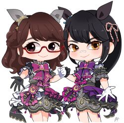  09sdab 2girls animal_ears armband bandaid bandaid_on_face bandaid_on_nose biwa_hayahide_(umamusume) biwa_hayahide_(umamusume)_(cosplay) black_gloves bow brown_eyes character_request check_character clenched_hand commentary_request corset cosplay cropped_legs dress eyelashes fake_animal_ears frilled_armband frills glasses gloves grey_armband grey_corset grey_dress hair_ornament highres horse_ears kinugawa_rika kondou_yui multiple_girls narita_brian_(umamusume) narita_brian_(umamusume)_(cosplay) offering_hand pink_bow purple_bow real_life red-framed_eyewear rope shimenawa sideways_glance signature smile umamusume voice_actor white_gloves yellow_eyes 