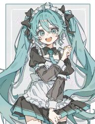  1girl ahoge apron aqua_eyes aqua_hair aqua_necktie aqua_trim arrow_(symbol) black_bow black_skirt bow commentary_request cowboy_shot detached_collar hair_between_eyes hair_bow hair_intakes hand_up hatsune_miku highres long_hair long_sleeves looking_at_viewer maid maid_apron maid_headdress necktie open_mouth pleated_skirt sanye_mitsuyo simple_background skirt smile solo sparkle teeth twintails upper_teeth_only very_long_hair vocaloid wing_collar 
