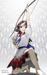  1girl arm_up arrow_(projectile) arrow_print barefoot black_dress bloomers bow bow_(weapon) commentary_request drawing_bow dress full_body grey_background grey_dress highres holding holding_arrow holding_bow_(weapon) holding_weapon horns kaigen_1025 kijin_seija multicolored_dress multicolored_hair neckerchief on_one_knee puffy_short_sleeves puffy_sleeves purple_bow purple_neckerchief red_dress red_eyes red_streaks short_sleeves smile solo straight-on streaked_hair touhou waist_bow weapon white_dress white_streaks 