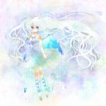  blue_eyes hatsune_miku leg_ribbon long_hair ribbon tsukudato very_long_hair vocaloid white_hair wings 
