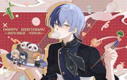  2boys 2girls aoyagi_touya arm_support arms_up azusawa_kohane bamboo black_hair blonde_hair blue_hair broccoli brown_eyes brown_hair character_name chopsticks closed_mouth commentary earrings fingernails food fruit gradient_hair green_eyes hair_between_eyes hand_up happy_birthday highres holding holding_chopsticks holding_food holding_fruit holding_plate jewelry kamaboko long_hair long_sleeves looking_at_viewer mole mole_under_eye mouth_hold multicolored_hair multiple_boys multiple_girls narutomaki notice_lines one_eye_closed orange_hair peach plate project_sekai shinonome_akito shiraishi_an short_hair short_twintails shrimp sitting slc_yh smile split-color_hair steamed_bun streaked_hair twintails two-tone_hair vivid_bad_squad_(project_sekai) 