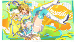  1girl absurdres ahoge arm_up blonde_hair boots cheerleader chibi commentary_request gloves green_socks hair_tie highres ibuki_tsubasa idolmaster idolmaster_million_live! idolmaster_million_live!_theater_days navel one_eye_closed open_mouth red_eyes skirt smile socks thighs white_boots white_gloves yoshito 