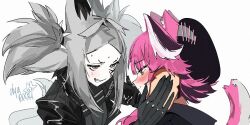  2girls animal_ears beret black_hat black_jacket blush closed_mouth commentary dyarikku dyarikku_(vtuber) english_commentary fox_ears fox_girl grey_eyes grey_hair hat hololive hololive_english idiot_sandwich_(meme) indie_virtual_youtuber jacket long_hair meme multiple_girls panther_ears panther_girl panther_tail pink_hair pink_tail raora_panthera simple_background smile tail virtual_youtuber white_background yellow_eyes 