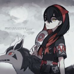  1girl absurdres airo_ill black_hair carmine_(pokemon) commentary_request crossed_bangs eyelashes from_side hair_between_eyes hairband hand_fan highres holding holding_fan japanese_clothes jinbei_(clothes) long_hair looking_at_viewer mightyena mole mole_under_eye multicolored_hair official_alternate_color official_alternate_costume pokemon pokemon_(creature) pokemon_masters_ex red_hair red_hairband short_sleeves signature solo twitter_username two-tone_hair yellow_eyes 
