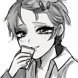  1girl alien_stage commentary_request coppice cup greyscale hair_ornament hairclip highres holding holding_cup mizi_(alien_stage) monochrome portrait russian_commentary shirt short_hair smile solo very_short_hair white_shirt 