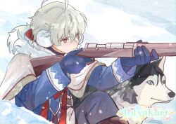  1boy absurdres ahoge aiming alyosha_(genshin_impact) animal animal_ears animal_nose artist_name belt black_belt black_fur black_pants black_shirt blue_eyes blue_gloves blue_jacket blush cape closed_mouth day dog dog_ears earmuffs english_commentary freckles fur-trimmed_cape fur_trim genshin_impact gloves green_hair gun hair_between_eyes hands_up highres holding holding_gun holding_weapon hood hooded_cape huge_ahoge hunting husky jacket lilyakart long_sleeves looking_to_the_side male_focus outdoors pants pet rifle shirt short_hair sitting sniper_rifle snow snowing turtleneck turtleneck_shirt two-tone_fur v-shaped_eyebrows weapon white_cape white_fur winter yellow_eyes 