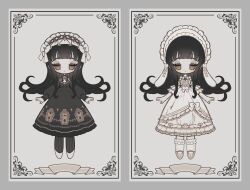  1girl accurate_lolita_coord animal_ears animal_print ankle_socks asymmetrical_clothes black_dress black_hair bonnet border bow bowtie brown_bow brown_bowtie brown_eyes coffin collared_dress cross-laced_clothes cross-laced_dress cross-laced_headwear dress dual_persona expressionless fake_animal_ears floating_hair floppy_ears frilled_bonnet frilled_dress frilled_hairband frilled_sleeves frilled_socks frills gothic_lolita hairband lace lace-trimmed_dress lace_trim layered_dress layered_sleeves lolita_fashion lolita_hairband long_hair long_sleeves lowered_eyelids naiguozi original ornate_border pantyhose puffy_long_sleeves puffy_sleeves rabbit-shaped_pupils rabbit_ear_headwear rabbit_print shoes socks striped_clothes striped_pantyhose symbol-shaped_pupils three-quarter_sleeves vertical-striped_clothes vertical-striped_pantyhose very_long_hair waist_bow white_bonnet white_bow white_dress white_hairband white_shoes 