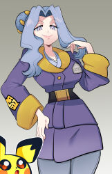  1girl belt black_belt blue_eyes blue_hair breasts coat grey_pantyhose hair_bun hand_on_own_hip highres jacket long_hair long_sleeves looking_at_viewer medium_breasts missandydandy pantyhose pichu pokemon pokemon_(creature) pokemon_legends:_arceus purple_coat purple_jacket sanqua_(pokemon) single_hair_bun smile 