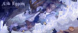  absurdres artist_name ascot azik_eggers blue_gem blue_vest brooch brown_hair candle closed_eyes closed_mouth collared_shirt fingernails gem hair_between_eyes highres jewelry lips long_hair lord_of_the_mysteries lying on_back paper pen pillow ring shirt single_wing skeleton sleeping snake vest watermark wax_seal weibo_watermark white_ascot white_shirt wings yu_anle_bu_le 