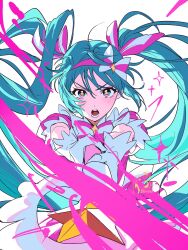  1girl :o absurdres aqua_eyes aqua_hair artist_logo artist_name aura back_bow bilingual_commentary bow bow_hairband bowtie casting_spell commentary dixretsa dot_nose dress english_commentary floating_hair foreshortening hairband hatsune_miku highres holding holding_wand ima_sugu_rinne_(vocaloid) light_blush logo magic magical_girl making-of_available mixed-language_commentary multicolored_eyes open_mouth outstretched_arms pink_dress pink_hairband serious short_sleeves simple_background solo sparkle sparkling_aura star-shaped_pupils star_(symbol) star_wand straight-on striped_bow striped_bowtie striped_clothes symbol-shaped_pupils twintails two-handed two-tone_eyes upper_body v-shaped_eyebrows vocaloid wand white_background wind yellow_pupils 