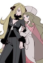  2girls arm_hug black_coat black_fur black_pants black_shirt blonde_hair blue_eyes breasts caitlin_(pokemon) cape closed_mouth coat cynthia_(pokemon) dress eyelashes fur-trimmed_coat fur_trim hair_ornament hair_over_one_eye hat highres long_hair long_sleeves looking_at_another multiple_girls pants parted_bangs parted_lips pink_cape pokemon pokemon_black_and_white pokemon_diamond/pearl/platinum potatomaniaaa see-through_cape see-through_clothes shirt small_breasts smile very_long_hair white_background white_dress white_hat yuri 
