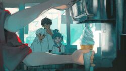  1boy 1girl 1other 2boys ahoge ahoge_girl_(jimini_shijimi) aqua_eyes aqua_hair aqua_sailor_collar blunt_bangs braid braided_ponytail closed_mouth collared_shirt commentary_request crossed_bangs dark-skinned_male dark_skin dot_nose expressionless hair_between_eyes hand_on_own_chin highres holding holding_ice_cream_cone ice_cream_cone ice_cream_machine ice_god_(jimini_shijimi) jimini_shijimi long_hair long_sleeves low_twintails multiple_boys neckerchief no_pupils open_mouth original out_of_frame red_neckerchief sailor_collar school_uniform serafuku shirt short_eyebrows short_hair short_twintails sidelocks twintails white-haired_man_(jimini_shijimi) white_hair 
