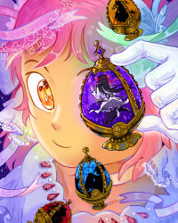5girls absurdres akemi_homura akemi_homura_(magical_girl) black_hair choker closed_mouth commentary cracklewink dress english_commentary gloves hairband highres kaname_madoka magical_girl mahou_shoujo_madoka_magica mahou_shoujo_madoka_magica_(anime) miki_sayaka multiple_girls one_eye_covered orange_eyes pink_hair red_hairband sakura_kyoko smile soul_gem_(madoka_magica) tomoe_mami ultimate_madoka white_dress white_gloves
