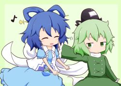  2girls :d ^_^ black_hat blue_dress blue_hair border closed_eyes collared_vest commentary_request dress ghost_tail gomashio_(goma_feet) green_background green_border green_dress green_eyes green_hair hair_ornament hair_rings hair_stick hat jitome kaku_seiga multiple_girls open_clothes open_mouth open_vest outside_border outstretched_arm pushing_away shawl short_hair short_sleeves simple_background smile soga_no_tojiko tate_eboshi touhou v-shaped_eyebrows vest white_vest 