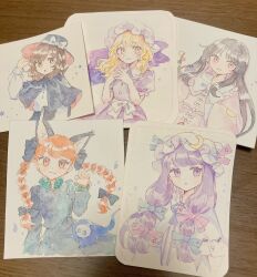  5girls animal_ears black_bow black_capelet black_hat black_ribbon black_skirt blonde_hair bow bowtie branch brown_eyes brown_hair capelet cat_ears cat_tail collared_dress collared_shirt commentary_request crescent crescent_hat_ornament dress extra_ears fire flaming_skull floating_skull frilled_capelet frilled_shirt_collar frills green_dress hair_bow hat hat_bow hat_ornament highres houraisan_kaguya jeweled_branch_of_hourai kaenbyou_rin leg_ribbon long_hair long_sleeves maribel_hearn mob_cap mozukuzu_(manukedori) multiple_girls multiple_hair_bows multiple_tails nekomata patchouli_knowledge photo_(medium) pink_eyes pink_shirt pointy_ears purple_dress purple_hair red_eyes red_hair ribbon shirt shirt_tucked_in single_paw_pose skirt skull smile striped_clothes striped_dress tail touhou traditional_media two_tails usami_renko vertical-striped_clothes vertical-striped_dress very_long_hair violet_eyes white_bow white_bowtie white_capelet white_hat white_shirt wide_sleeves 