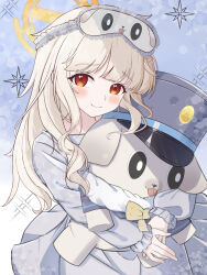  1girl absurdres aoba_(blue_archive) aoba_(kujibikido)_(blue_archive) blonde_hair blue_archive blue_hat blush character_print commentary halo hat highres hugging_doll hugging_object leaf_lime long_hair looking_at_viewer mask mask_on_head official_alternate_costume pajamas red_eyes shako_cap shuppo_(blue_archive) sleep_mask stuffed_animal stuffed_toy tongue tongue_out 