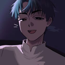  1boy alien_stage black_eyes black_hair commentary_request coppice highres ivan_(alien_stage) male_focus open_mouth red_pupils russian_commentary shirt short_hair smile solo thick_eyebrows very_short_hair white_shirt 
