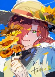  1boy braid colored_eyelashes commentary don5435 esse_series flower green_eyes hair_over_one_eye hat highres holding holding_flower long_hair male_focus mole mole_under_eye open_mouth red_hair sharp_teeth single_braid smile solo sun_hat sunflower teeth tonimura_yui 