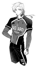  1boy absurdres bastard_munchen_soccer_uniform blue_lock closed_mouth cropped_legs crown_tattoo floating_hair flower_tattoo greyscale hand_tattoo highres layered_sleeves long_sleeves looking_to_the_side male_focus michael_kaiser monochrome nannnann4321 neck_tattoo short_hair_with_long_locks short_over_long_sleeves short_sleeves shorts sideways_glance simple_background soccer_uniform solo sportswear tattoo white_background 