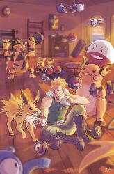  1boy :3 @_@ absurdres analog_clock arms_up belt black_belt black_boots blonde_hair blue_eyes blurry blurry_background boots clock closed_mouth combat_boots commentary doorway drink_bottle electabuzz electric_type_theme_(pokemon) electrode_(pokemon) elekid english_commentary exercising fangs fingernails floating green_tank_top grey_pants highres holding_tower indoors jolteon lt._surge magnemite magnet male_focus mat mouth_hold muscular muscular_male nostrils one-eyed open_mouth pants pichu plastic_bottle poke_ball_theme pokemon pokemon_(creature) pokemon_heartgold_and_soulsilver raichu screw shadow shelf short_hair signature sitting smile spiral-only_eyes standing sweat tank_top towel towel_around_neck trampoline voltorb wall_clock weightlifting weights wooden_floor zyloa 