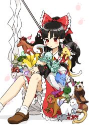  1girl animalization ascot black_hair bloomers bow brown_shoes commentary_request frilled_bow frilled_skirt frills futatsuiwa_mamizou futatsuiwa_mamizou_(tanuki) gohei hair_bow hakurei_reimu highres hitodama kaenbyou_rin kaenbyou_rin_(cat) kaigen_1025 kicchou_yachie kicchou_yachie_(jidiao) kirisame_marisa kochiya_sanae komano_aunn komano_aunn_(komainu) kudamaki_tsukasa kudamaki_tsukasa_(fox) kurokoma_saki kurokoma_saki_(pegasus) loafers long_hair long_sleeves mitsugashira_enoko mitsugashira_enoko_(dog) nazrin nazrin_(mouse) red_bow red_eyes red_skirt seiran_(bunny)_(touhou) seiran_(touhou) shirt shoes simple_background sitting skirt sleeveless sleeveless_shirt socks son_biten son_biten_(monkey) tenkajin_chiyari tenkajin_chiyari_(tenkajin) touhou toutetsu_yuuma toutetsu_yuuma_(sheep) unfinished_dream_of_all_living_ghost white_background white_bloomers white_sleeves white_socks wide_sleeves yakumo_ran yakumo_ran_(fox) yellow_ascot 