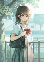 1girl arm_at_side bag bench black_bag black_hair bow commentary_request cowboy_shot day expressionless from_side grey_eyes grey_sailor_collar grey_skirt hand_up hedge highres house looking_at_viewer looking_to_the_side medium_hair original outdoors park_bench parted_lips pleated_skirt rapnit red_bow sailor_collar school_bag school_uniform serafuku shirt short_sleeves shoulder_bag skirt solo standing summer_uniform tree turning_head white_shirt 