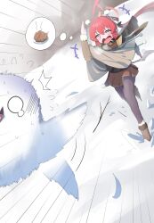 +_+ 1girl absurdres afterimage alternate_costume bird blank_eyes blue_archive brown_poncho brown_skirt chinese_commentary commentary_request demon_girl demon_horns fleeing flying flying_sweatdrops halo highres horns jinrou_mangfu junko_(blue_archive) leggings long-tailed_tit low_wings miniskirt motion_blur motion_lines open_mouth plaid_clothes plaid_scarf purple_leggings red_hair red_halo running scarf skirt snow solo speech_bubble speed_lines spoken_food thought_bubble tit_(bird) wing_covers wings winter winter_clothes 