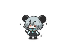  1girl animal_ears black_dress black_shoes blue_capelet capelet chibi commentary_request dress grey_hair grey_pantyhose grey_shirt hair_between_eyes highres long_sleeves mouse_ears mouse_girl mouse_tail nazrin notice_lines pantyhose red_eyes sea_urchin shadow shirt shoes short_eyebrows simple_background solo standing tail thick_eyebrows touhou uni_souchou white_background 